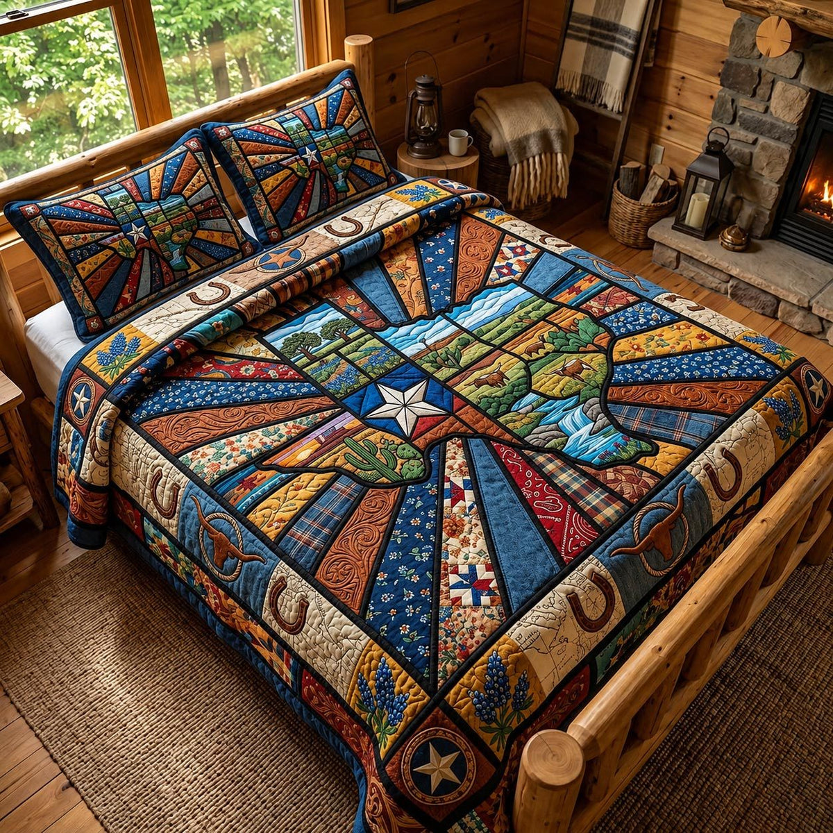 Texas Roots quilted 3-piece bedding set on a made bed in a rustic timber bedroom