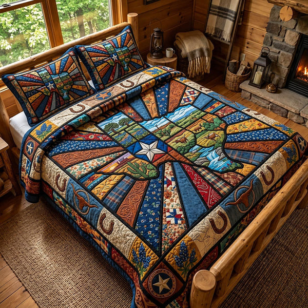 Texas Roots quilted 3-piece bedding set on a made bed in a rustic timber bedroom