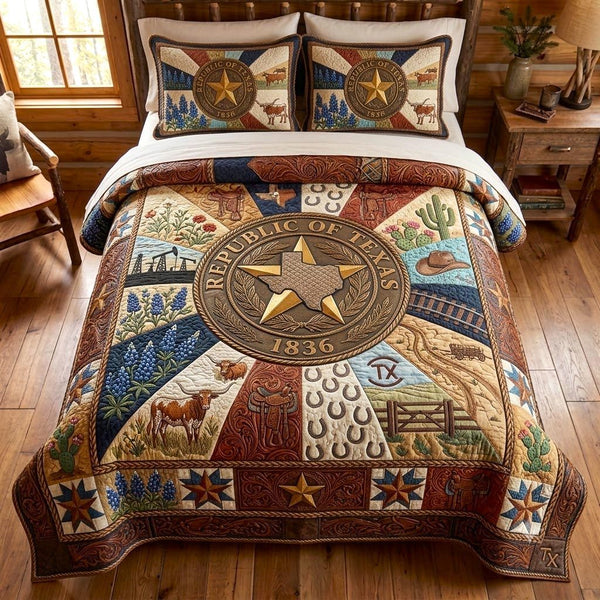 Texas Roots quilted 3-piece bedding set on a made bed in a rustic timber bedroom