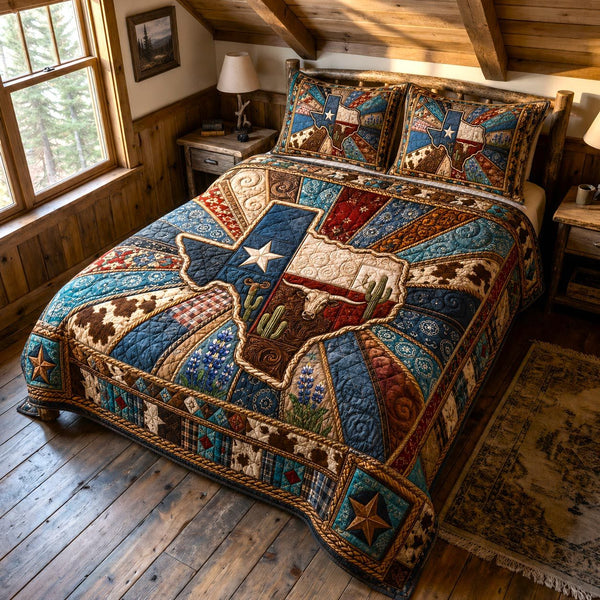 Texas Roots quilted 3-piece bedding set on a made bed in a rustic timber bedroom