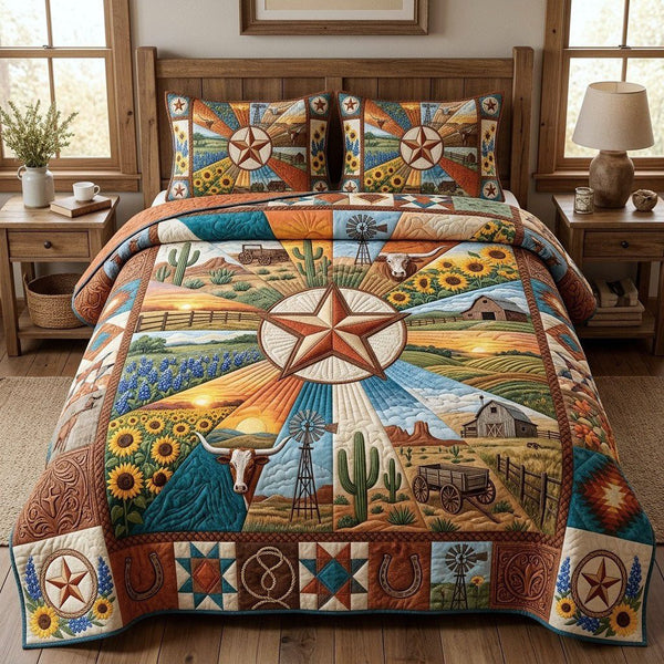 Texas Roots quilted 3-piece bedding set on a made bed in a rustic timber bedroom