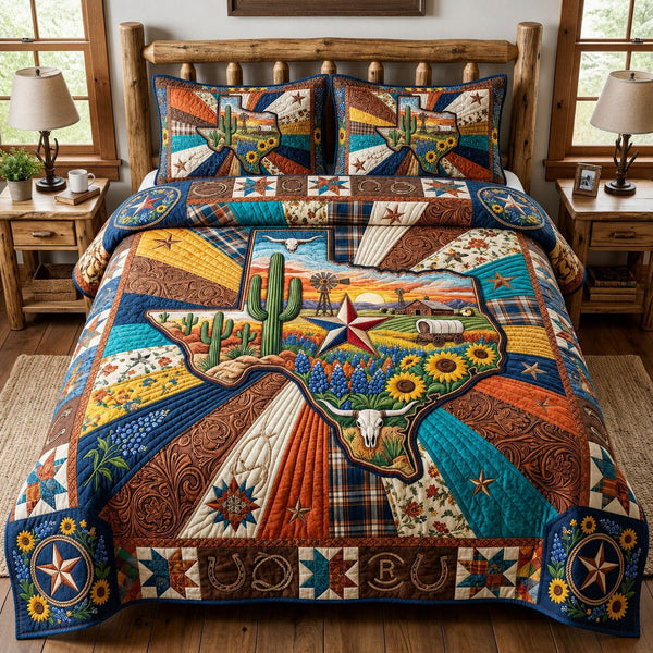 Texas Roots quilted 3-piece bedding set on a made bed in a rustic timber bedroom