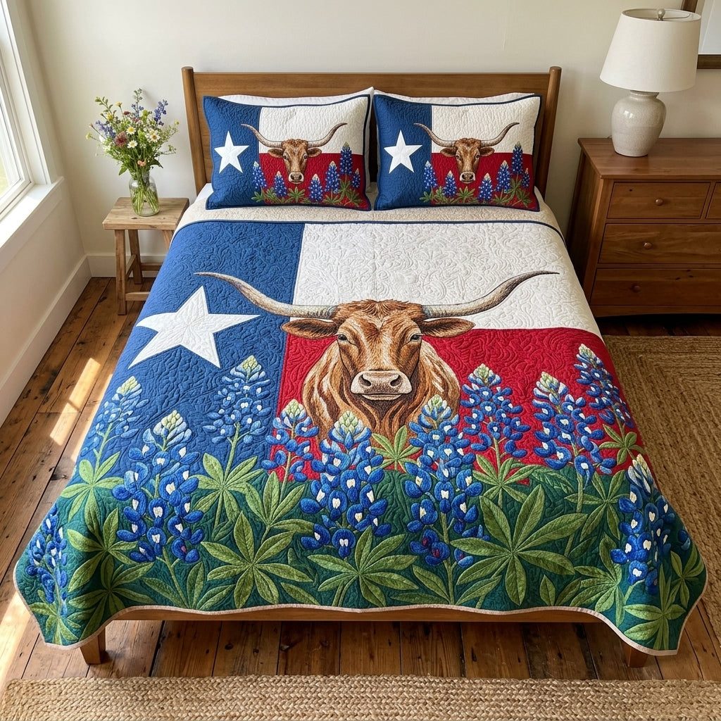 Texas Roots quilted 3-piece bedding set on a made bed in a rustic timber bedroom