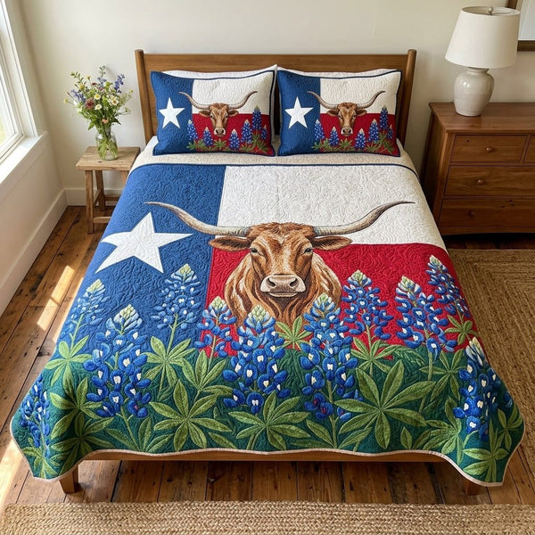 Texas Roots quilted 3-piece bedding set on a made bed in a rustic timber bedroom