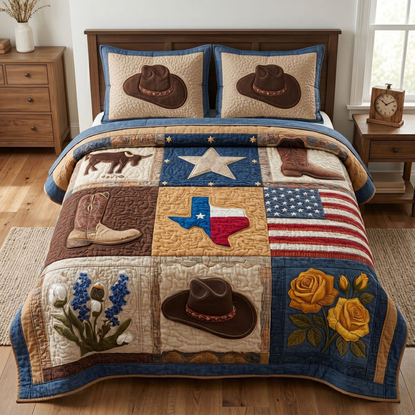 Texas Roots quilted 3-piece bedding set on a made bed in a rustic timber bedroom
