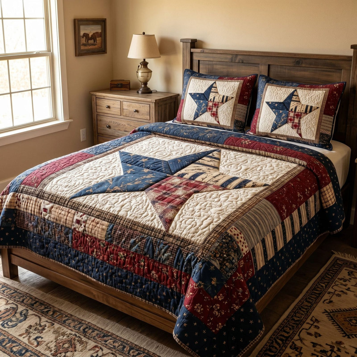 Texas Roots quilted 3-piece bedding set on a made bed in a rustic timber bedroom