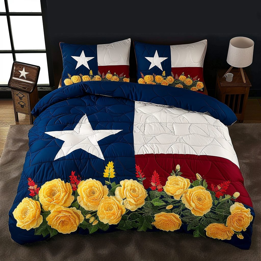 Texas Roses and Paintbrushes quilted 3-piece bedding set on a made bed in a rustic timber bedroom