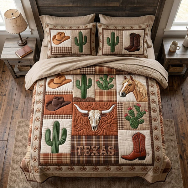 Texas Rustic Charm quilted 3-piece bedding set on a made bed in a rustic timber bedroom