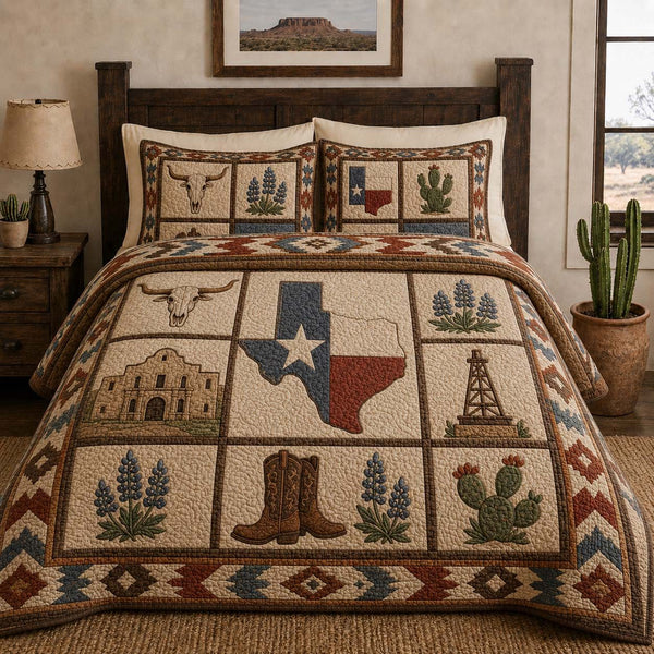 Texas Soul quilted 3-piece bedding set on a made bed in a rustic timber bedroom