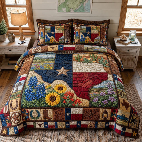 Texas Spirit quilted 3-piece bedding set on a made bed in a rustic timber bedroom