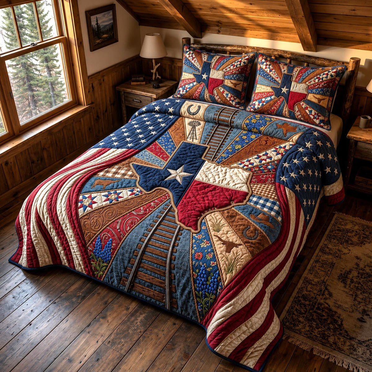 Texas Spirit quilted 3-piece bedding set on a made bed in a rustic timber bedroom