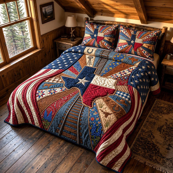 Texas Spirit quilted 3-piece bedding set on a made bed in a rustic timber bedroom