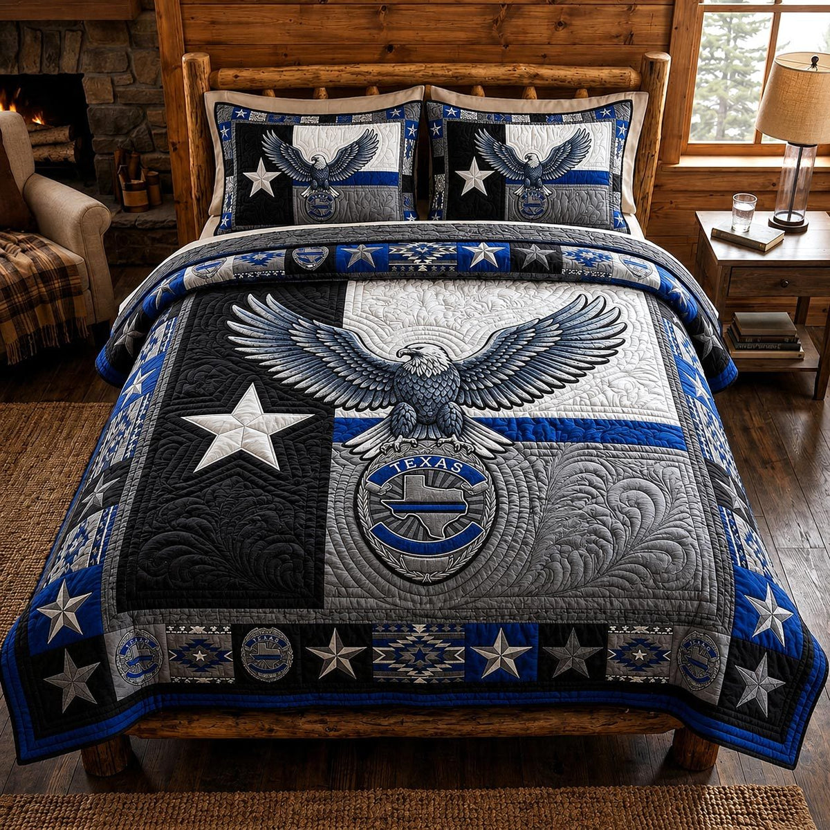 Texas Spirit quilted 3-piece bedding set on a made bed in a rustic timber bedroom
