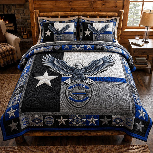 Texas Spirit quilted 3-piece bedding set on a made bed in a rustic timber bedroom
