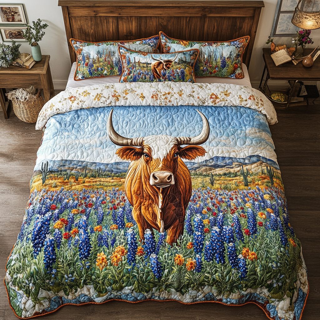 Texas Spirit quilted 3-piece bedding set on a made bed in a rustic timber bedroom