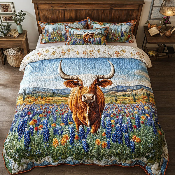 Texas Spirit quilted 3-piece bedding set on a made bed in a rustic timber bedroom