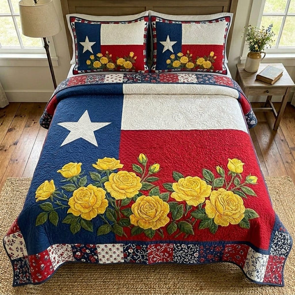 Texas Spirit quilted 3-piece bedding set on a made bed in a rustic timber bedroom