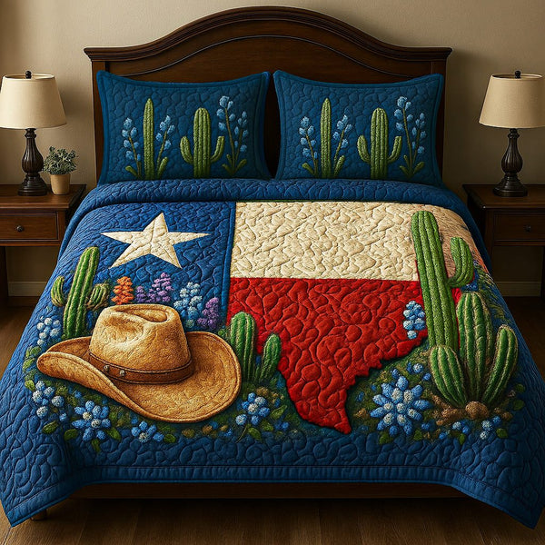 Texas Spirit quilted 3-piece bedding set on a made bed in a rustic timber bedroom