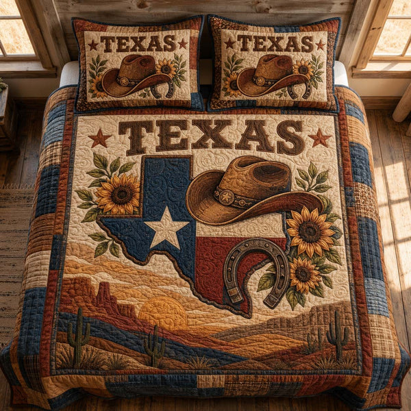Texas Spirit quilted 3-piece bedding set on a made bed in a rustic timber bedroom