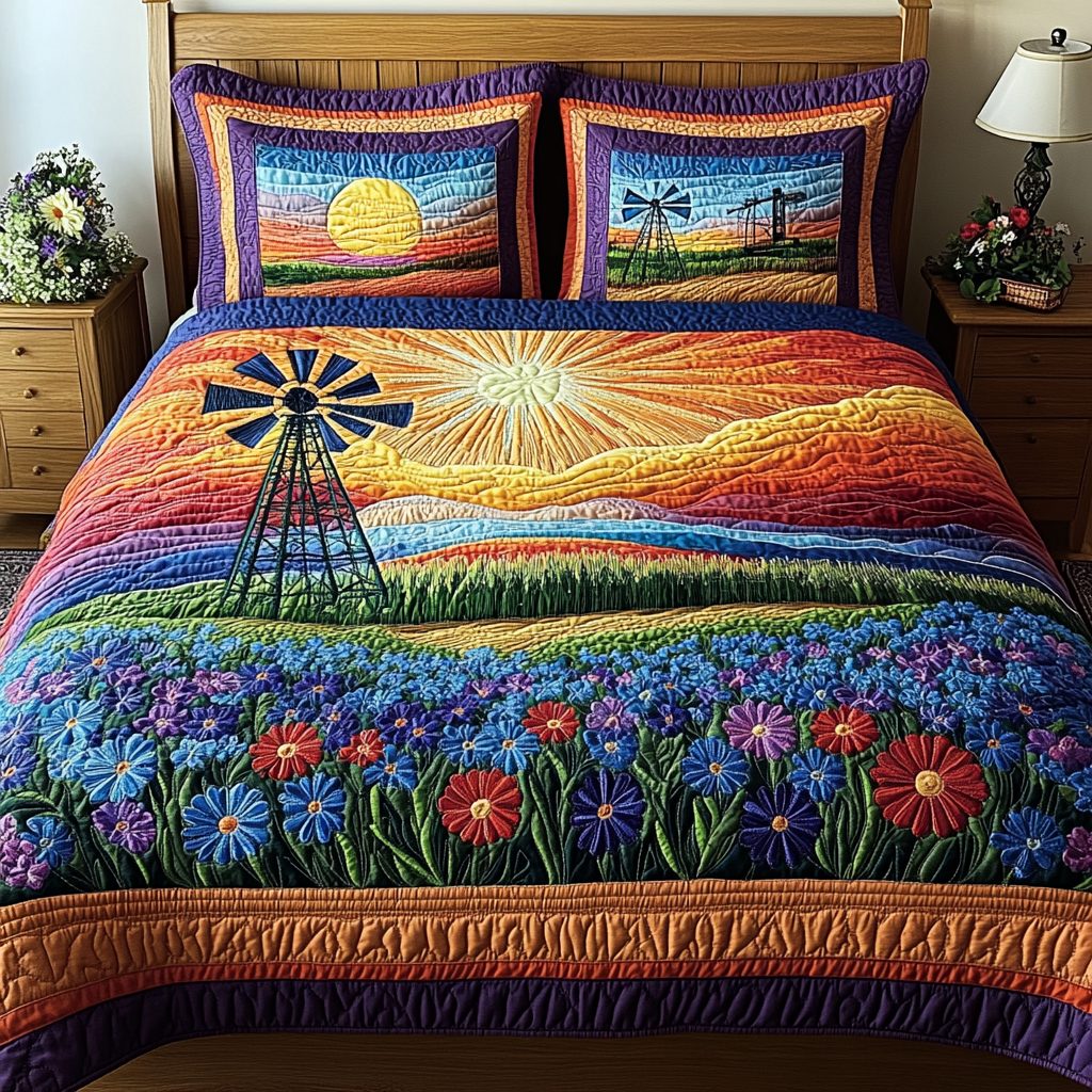Texas Spirit quilted 3-piece bedding set on a made bed in a rustic timber bedroom