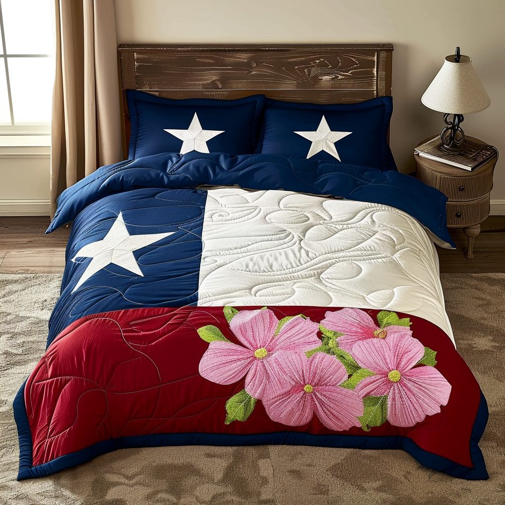 Texas Spring quilted 3-piece bedding set on a made bed in a rustic timber bedroom