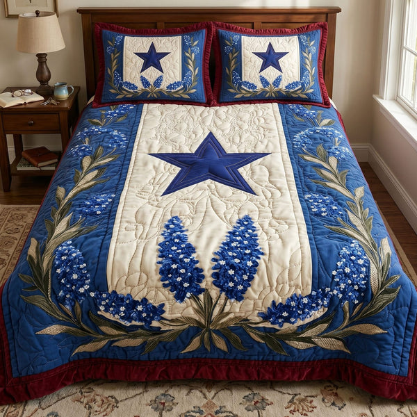 Texas Star quilted 3-piece bedding set on a made bed in a rustic timber bedroom