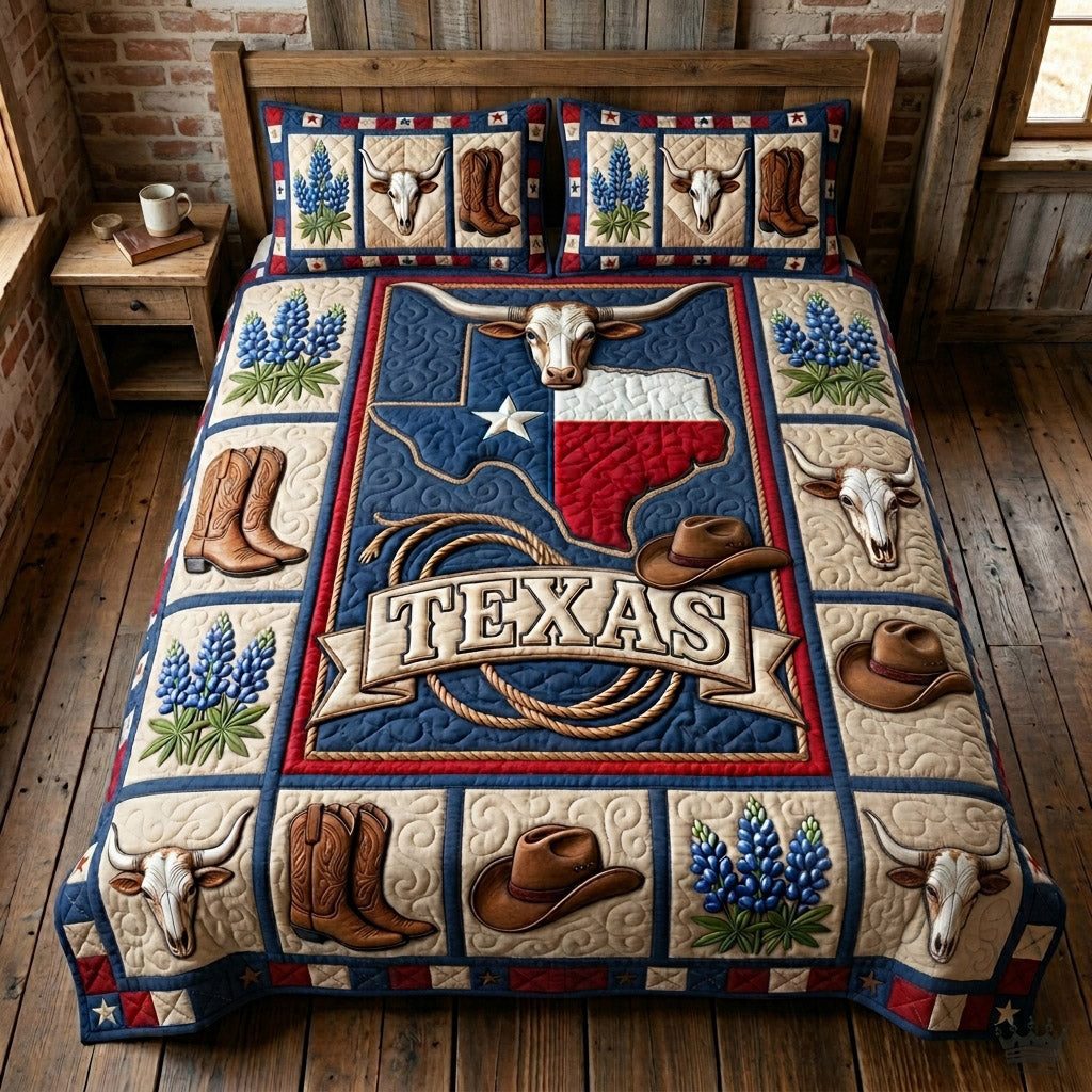 Texas Star Twilight quilted 3-piece bedding set on a made bed in a rustic timber bedroom