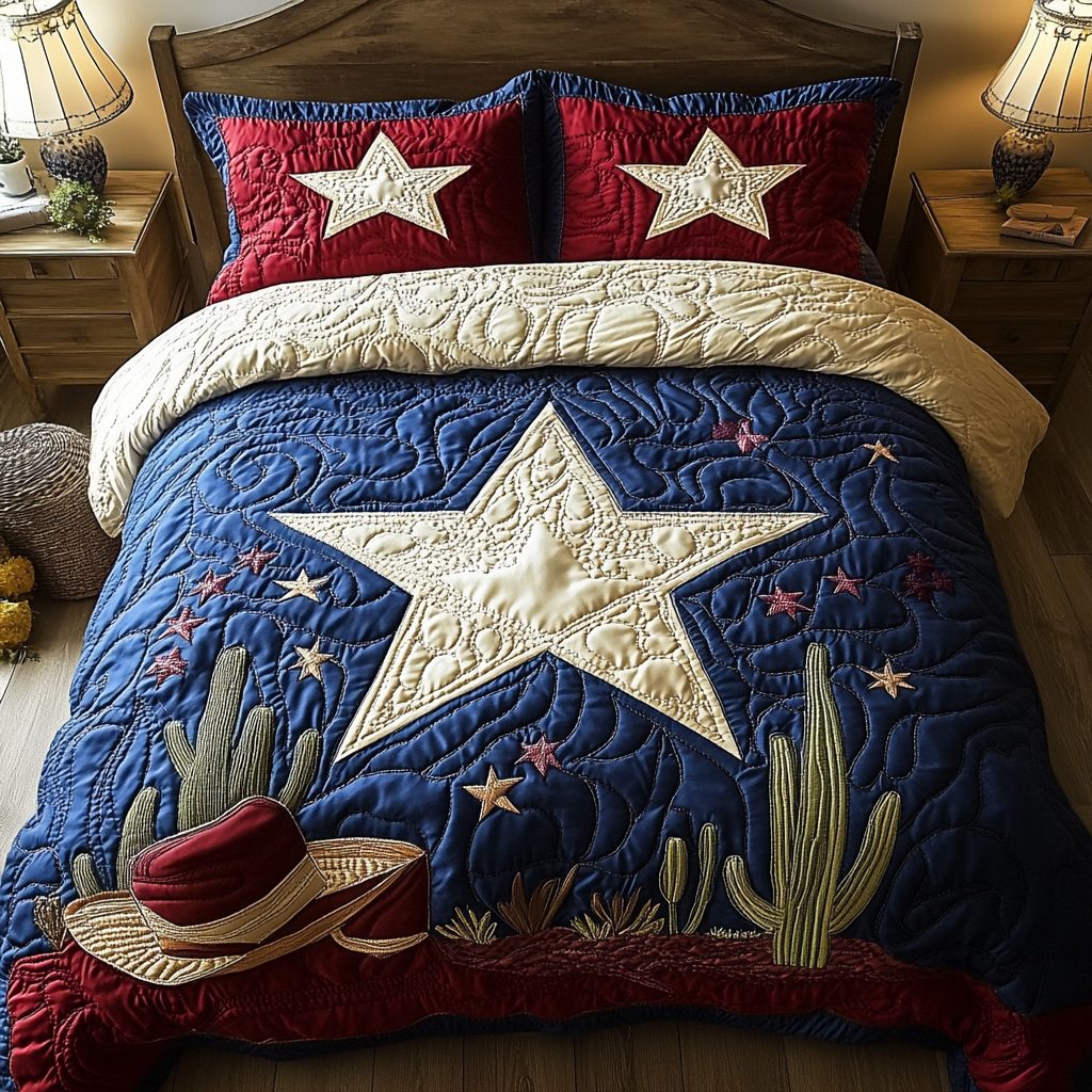 Texas Starlight quilted 3-piece bedding set on a made bed in a rustic timber bedroom