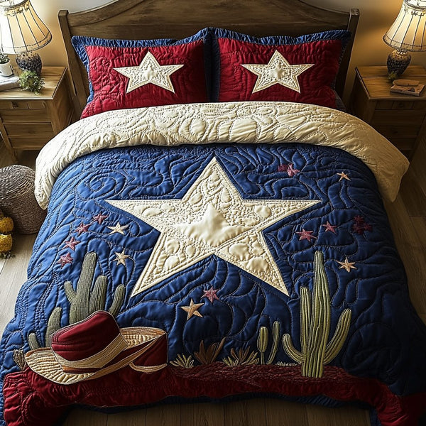 Texas Starlight quilted 3-piece bedding set on a made bed in a rustic timber bedroom