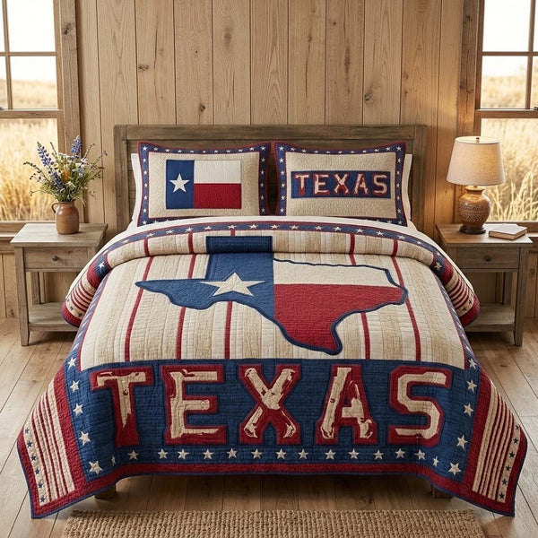 Texas State Pride quilted 3-piece bedding set on a made bed in a rustic timber bedroom