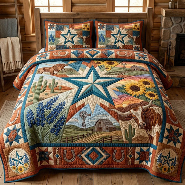 Texas State quilted 3-piece bedding set on a made bed in a rustic timber bedroom