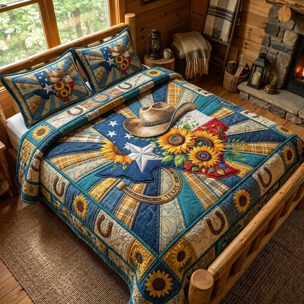 Texas State Sunflower quilted 3-piece bedding set on a made bed in a rustic timber bedroom