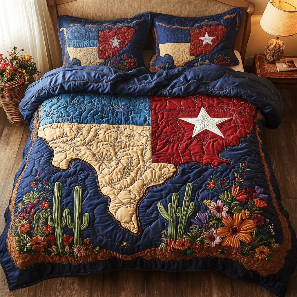 Texas Style quilted 3-piece bedding set on a made bed in a rustic timber bedroom