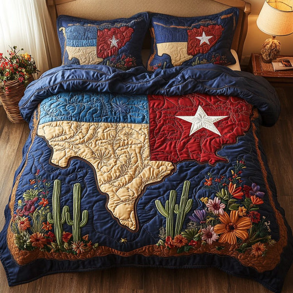 Texas Style quilted 3-piece bedding set on a made bed in a rustic timber bedroom