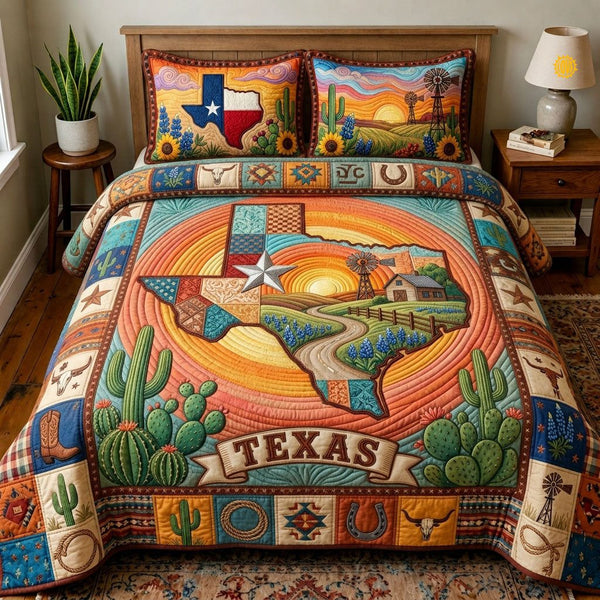 Texas Sunset Cactus quilted 3-piece bedding set on a made bed in a rustic timber bedroom