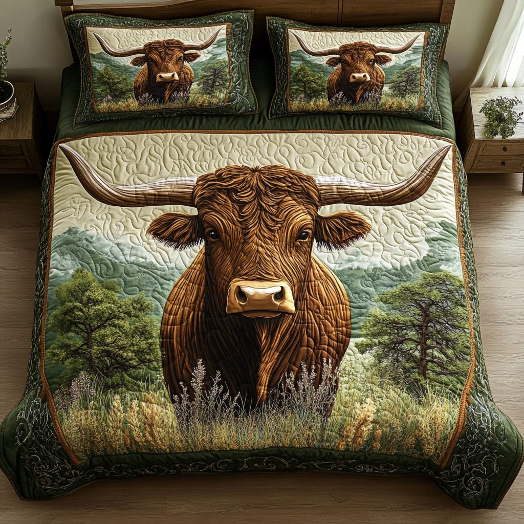 Texas Titan quilted 3-piece bedding set on a made bed in a rustic timber bedroom