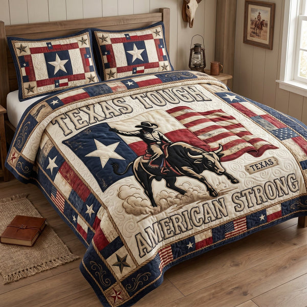 Texas Tough American Strong quilted 3-piece bedding set on a made bed in a warmly lit bedroom