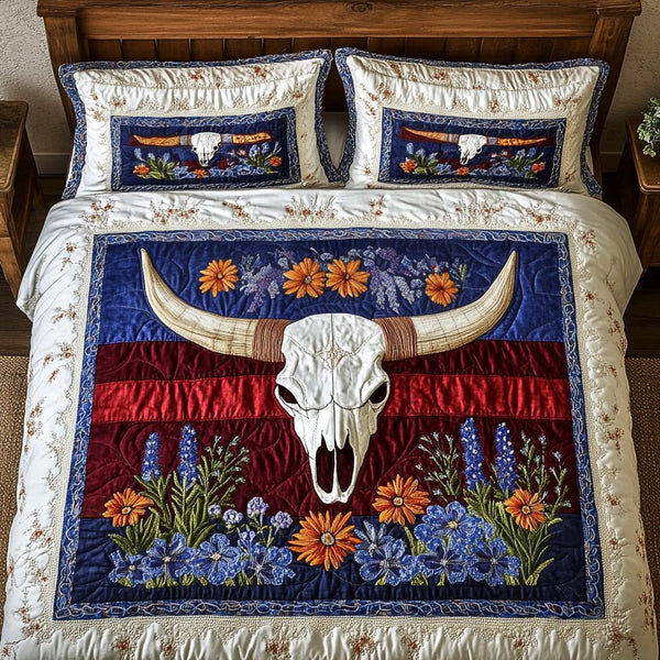 Texas Trails quilted 3-piece bedding set on a made bed in a rustic timber bedroom