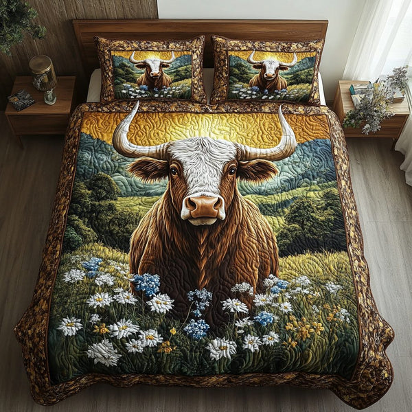 Texas Trails quilted 3-piece bedding set on a made bed in a rustic timber bedroom
