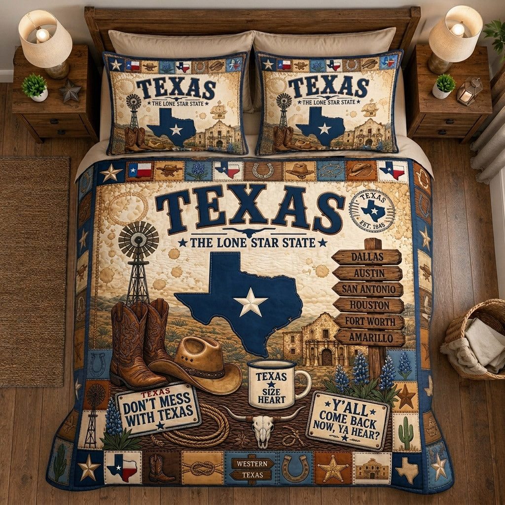 Texas Vintage Soul quilted 3-piece bedding set on a made bed in a rustic timber bedroom