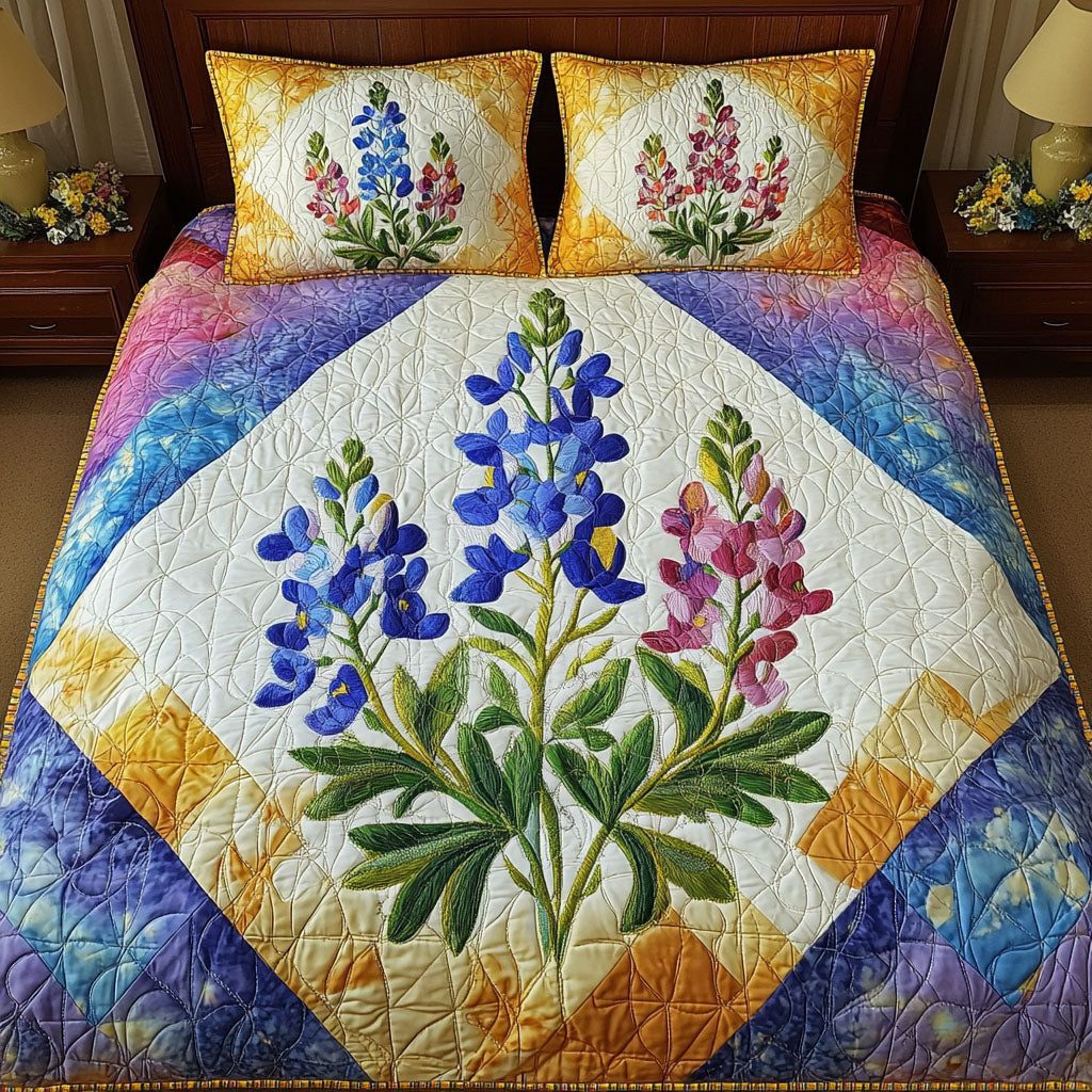 Texas Wildflower quilted 3-piece bedding set on a made bed in a rustic timber bedroom