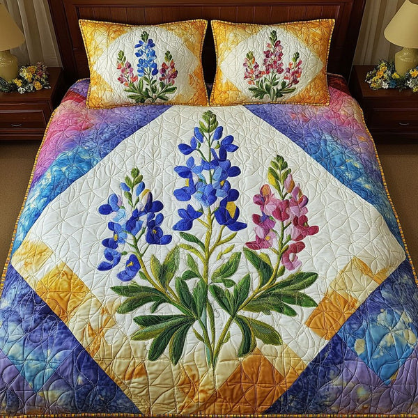 Texas Wildflower quilted 3-piece bedding set on a made bed in a rustic timber bedroom