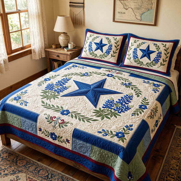 Texas Wildflowers quilted 3-piece bedding set on a made bed in a rustic timber bedroom