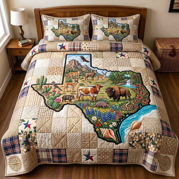 Texas Wildlands quilted 3-piece bedding set on a made bed in a rustic timber bedroom