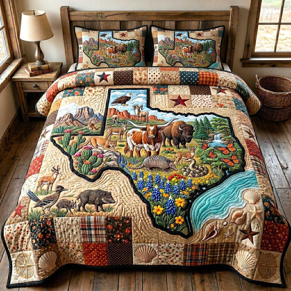 Texas Wildlands quilted 3-piece bedding set on a made bed in a rustic timber bedroom
