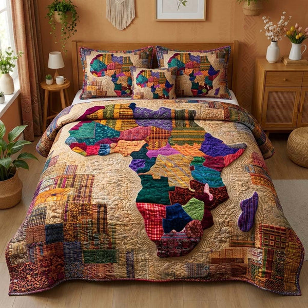 Textile Africa quilted 3-piece bedding set on a made bed with two matching pillow shams