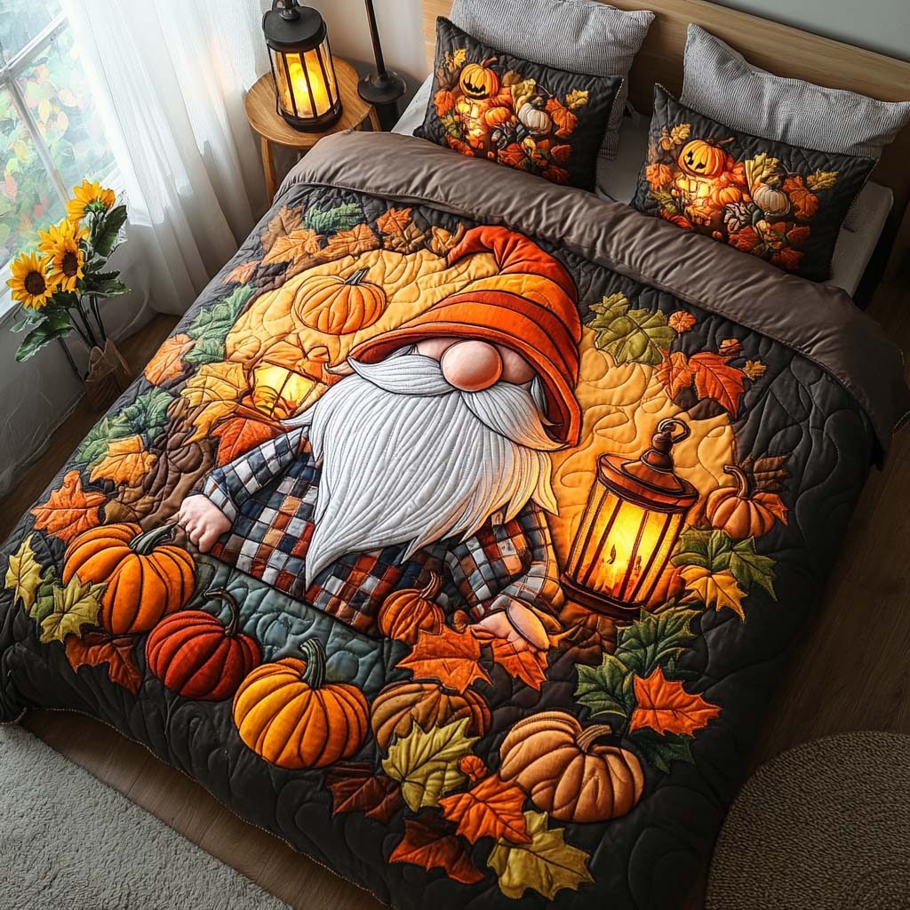Thankful Gnome Spirit quilted 3-piece bedding set on a made bed in a winter-styled bedroom