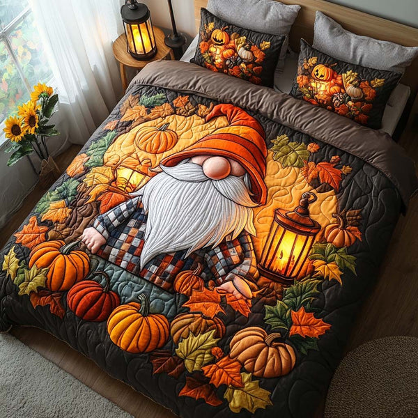 Thankful Gnome Spirit quilted 3-piece bedding set on a made bed in a winter-styled bedroom