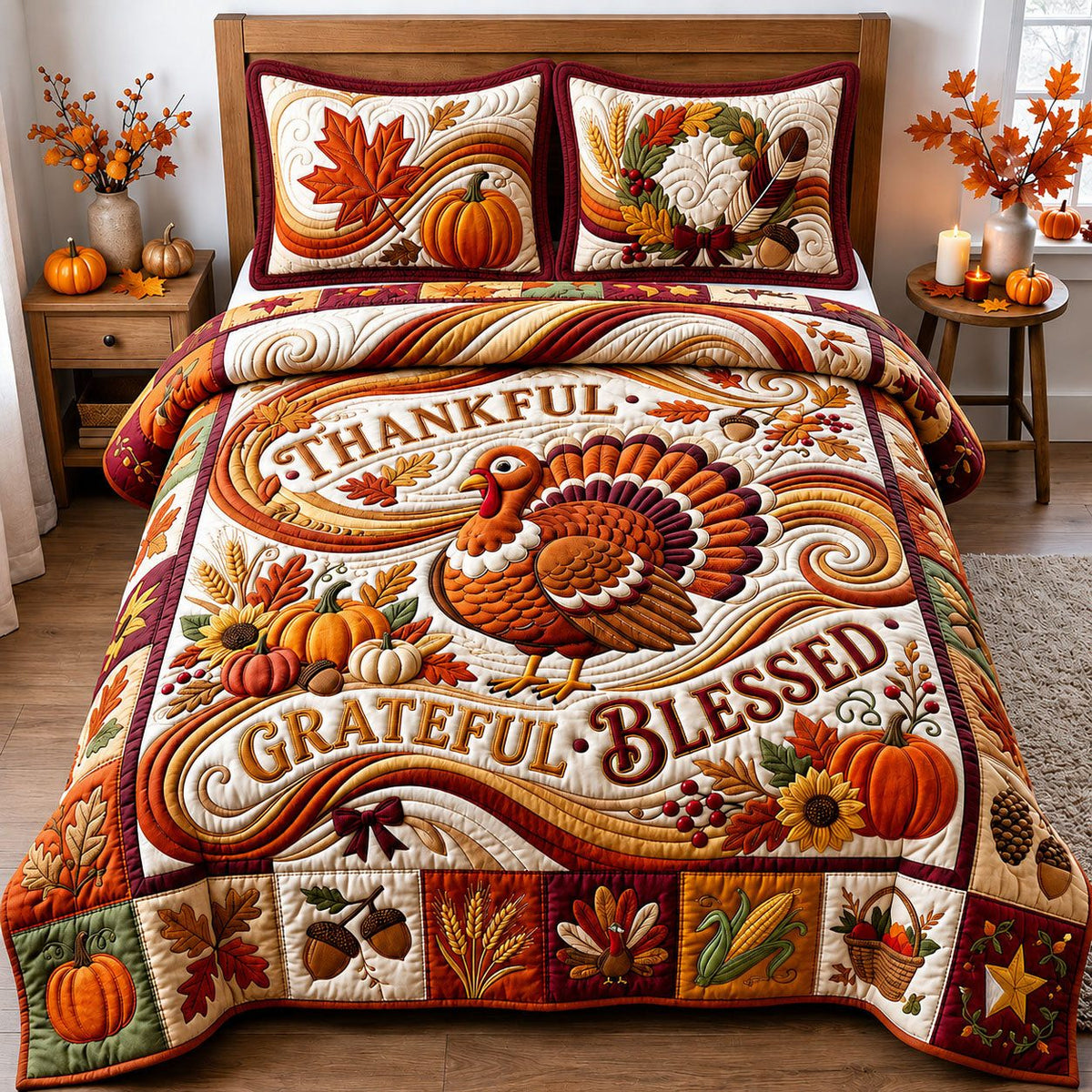 Thankful Grateful Blessed quilted 3-piece bedding set on a made bed in a softly lit bedroom