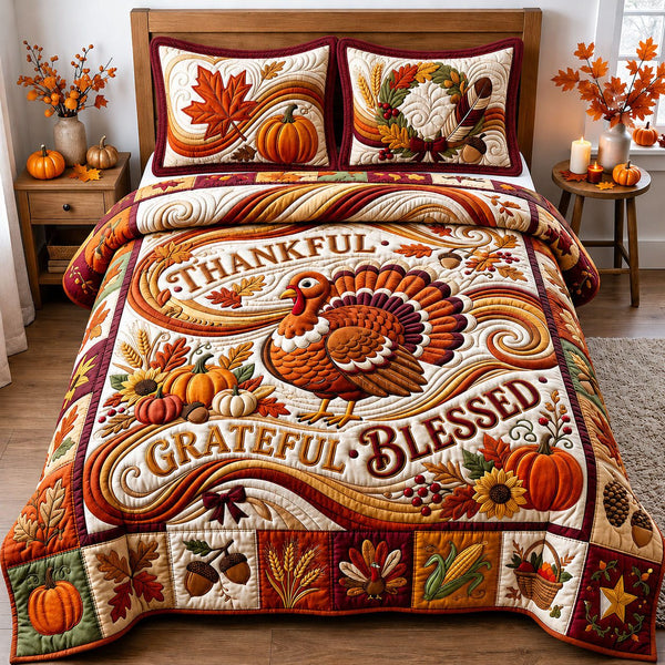 Thankful Grateful Blessed quilted 3-piece bedding set on a made bed in a softly lit bedroom
